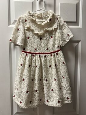 Janie and Jack Cream Lace Dress with Red Rose Accents NWOT